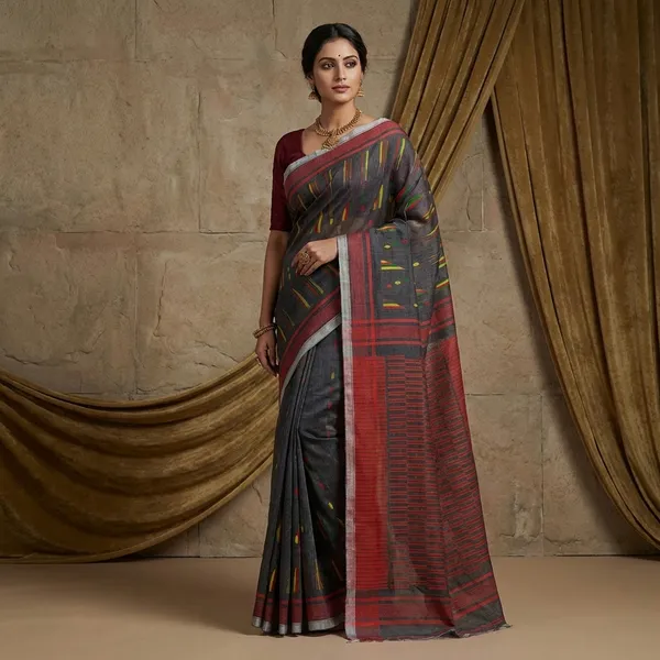 Designer_Geometric_Pattern_Jamdani_Saree_In_Metallic_Grey_Yellow_Green_And_Red_Thread_Work