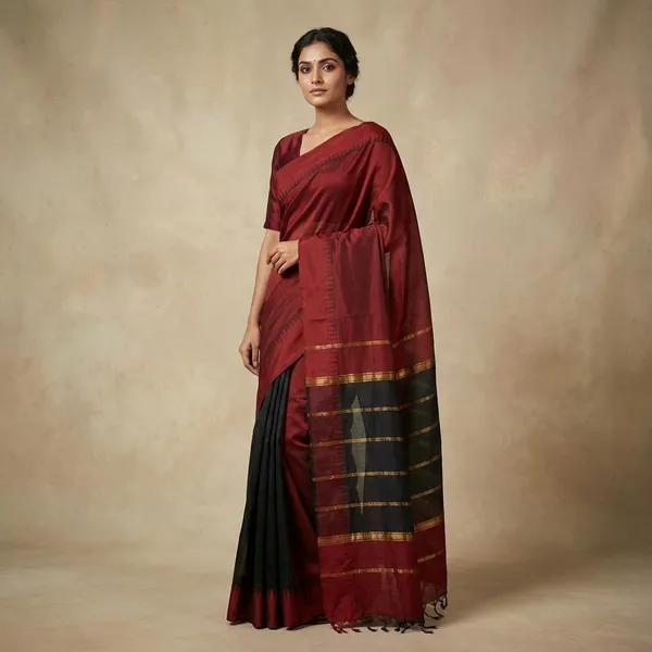 Soft_South_Cotton_Pencil_Border_Gadwal_Saree_In_Black_And_Maroon