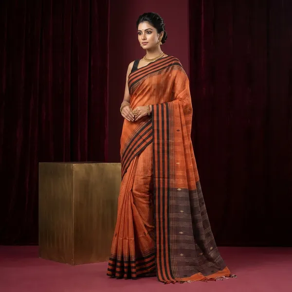 Hand_Woven_Checks_Border_Soft_Cotton_Kalakshetra_Saree_In_Rust_Brown_Midnight_Blue_And_Beige