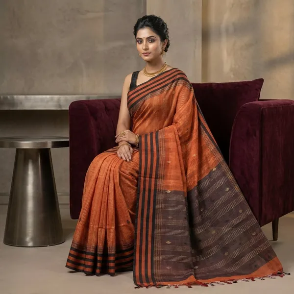 Hand_Woven_Checks_Border_Soft_Cotton_Kalakshetra_Saree_In_Rust_Brown_Midnight_Blue_And_Beige