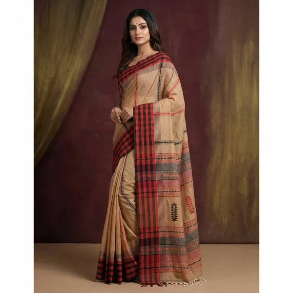 Hand_Woven_Checks_Border_Soft_Cotton_Kalakshetra_Saree_In_Beige_Red_And_Black