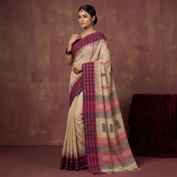 Hand_Woven_Checks_Border_Soft_Cotton_Kalakshetra_Saree_In_Parchment_Magenta_And_Dark_Blue