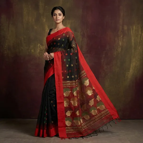 Blended_Cotton_Silk_Jamdani_Saree_In_Black_Red_Green_And_Antique_Gold
