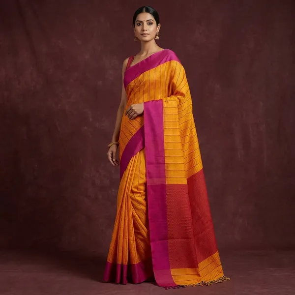 Woven_Kantha_Work_Soft_Cotton_Saree_In_Golden_Yellow_And_Purple
