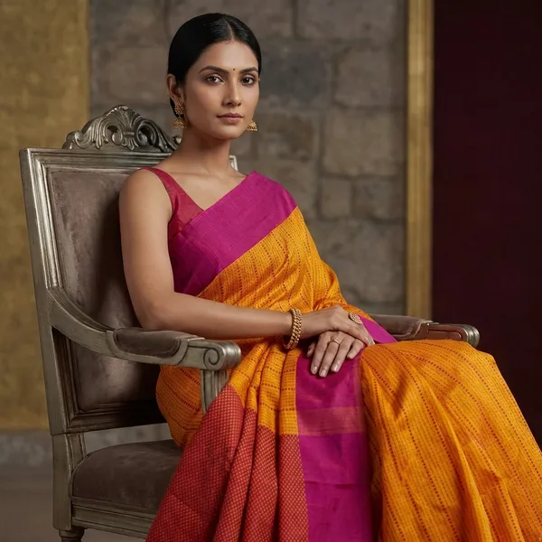Woven_Kantha_Work_Soft_Cotton_Saree_In_Golden_Yellow_And_Purple