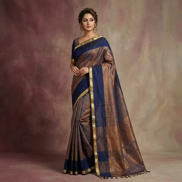 Soft_Authentic_Pure_Cotton_Woven_Tan_Chui_Work_Saree_In_Midnight_Blue_And_Gold