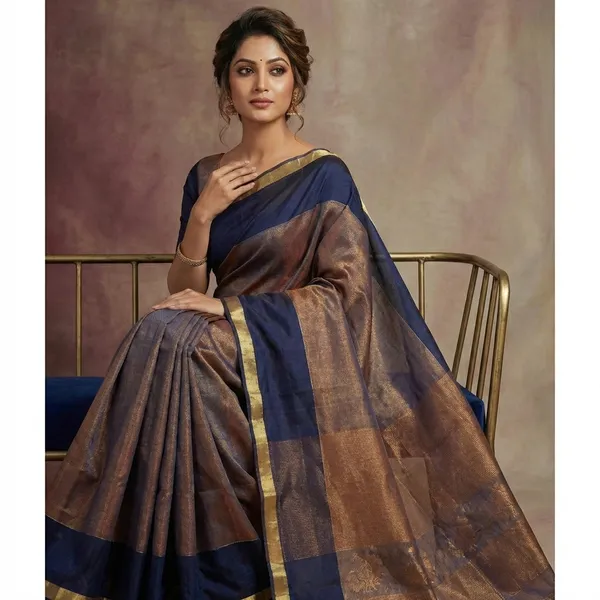 Soft_Authentic_Pure_Cotton_Woven_Tan_Chui_Work_Saree_In_Midnight_Blue_And_Gold