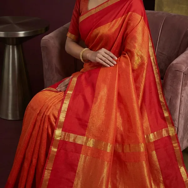 Soft_Authentic_Pure_Cotton_Woven_Tan_Chui_Work_Saree_In_Fire_Orange_Red_And_Gold