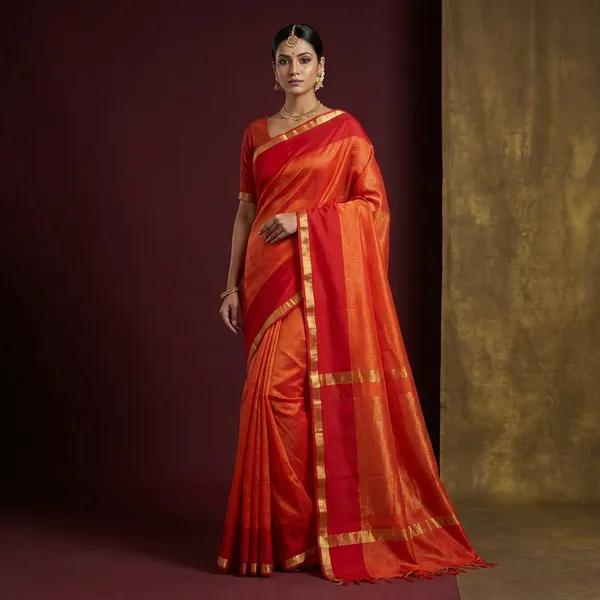 Soft_Authentic_Pure_Cotton_Woven_Tan_Chui_Work_Saree_In_Fire_Orange_Red_And_Gold