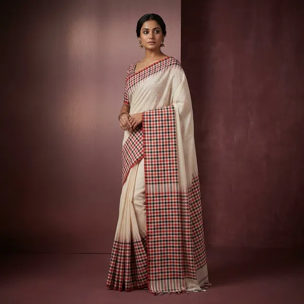 Skirt_Border_Micro_Checks_Soft_Cotton_Saree_In_Parchment_White_Red_And_Black