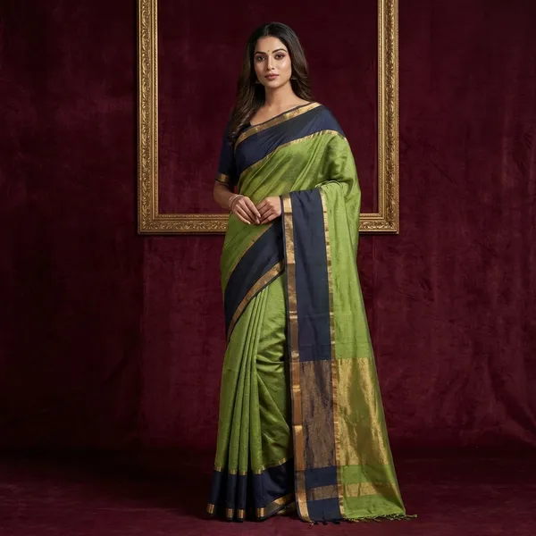 Soft_Authentic_Pure_Cotton_Woven_Tan_Chui_Saree_In_Pear_Green_Denim_Blue_And_Gold