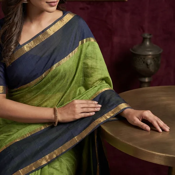 Soft_Authentic_Pure_Cotton_Woven_Tan_Chui_Saree_In_Pear_Green_Denim_Blue_And_Gold