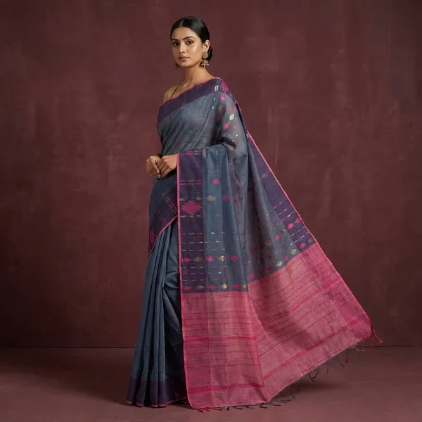 Hand_Karat_Work_Muslin_Jamdani_Saree_In_Anchor_Grey_Hot_Pink_And_Muted_Gold