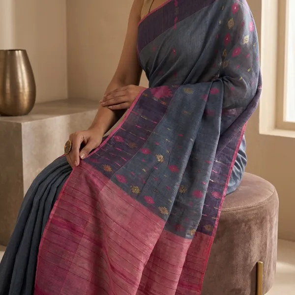 Hand_Karat_Work_Muslin_Jamdani_Saree_In_Anchor_Grey_Hot_Pink_And_Muted_Gold