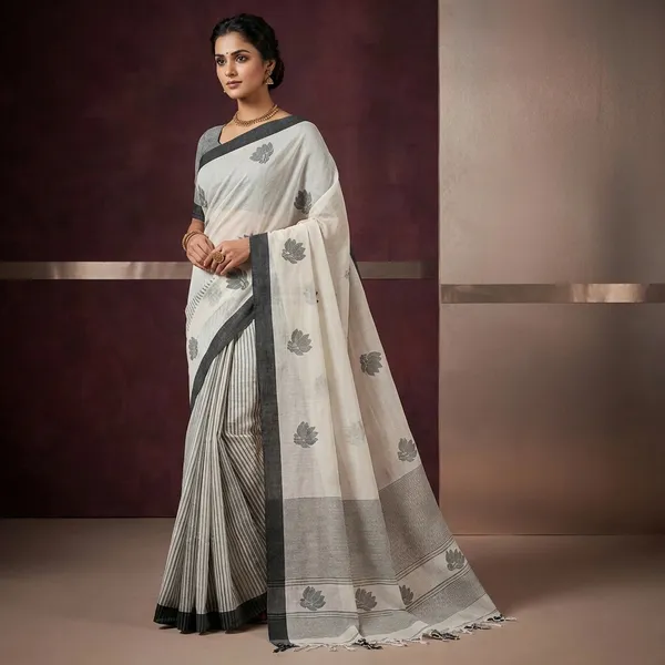 Hand_Woven_Poth_Border_Soft_Cotton_Saree_In_Off_White_Garage_Mix_White_And_Black