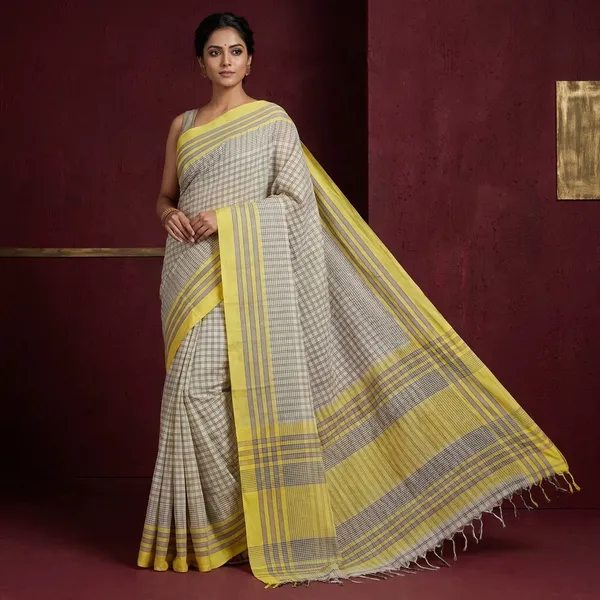 Soft_Cotton_Premium_Checks_Saree_In_Off_White_Pastel_Yellow_Smoke_Grey_And_Black