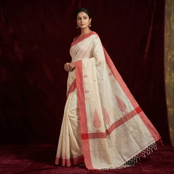 Soft_Cotton_Woven_Jute_Work_Khaddar_Jamdani_Saree_In_Linen_White_Beige_And_Red