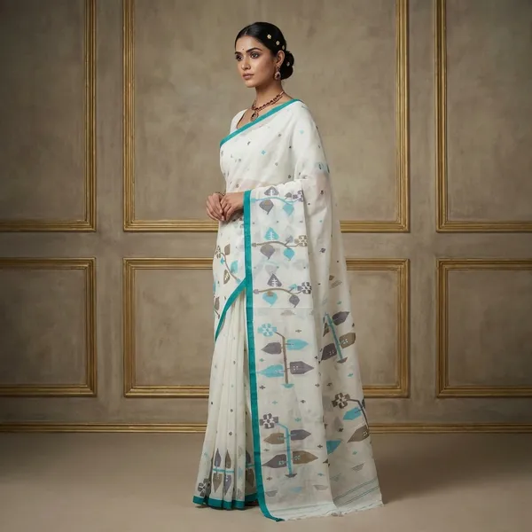 Hand_Woven_Skirt_Nakshi_Work_Cotton_Dhakai_Jamdani_Saree_In_White_Teal_Green_And_Multicolor