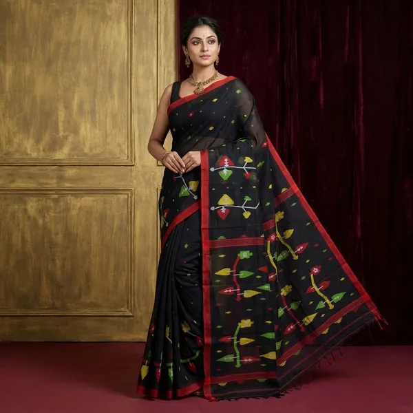 Hand_Woven_Skirt_Nakshi_Work_Cotton_Dhakai_Jamdani_Saree_In_Black_Red_And_Multicolor