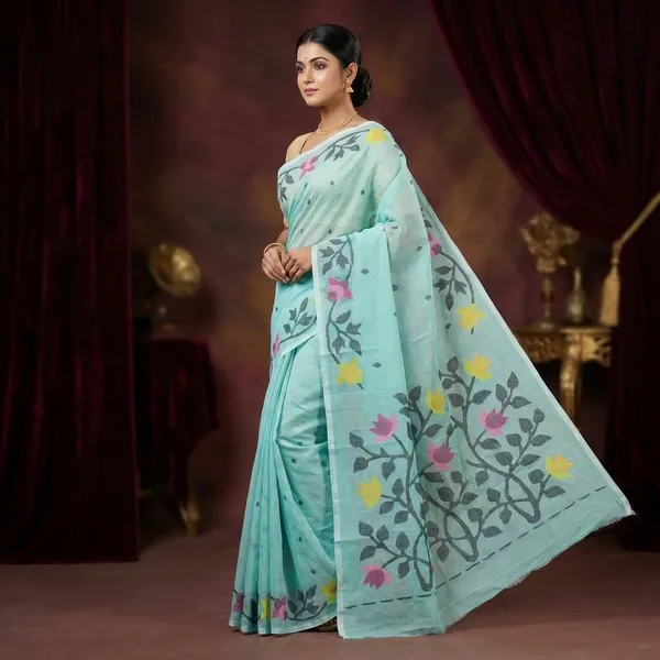 Tilfi_Hand_Woven_Work_Cotton_Dhakai_Jamdani_Saree_In_Light_Turquoise_Black_And_Multicolor_Thread_Work