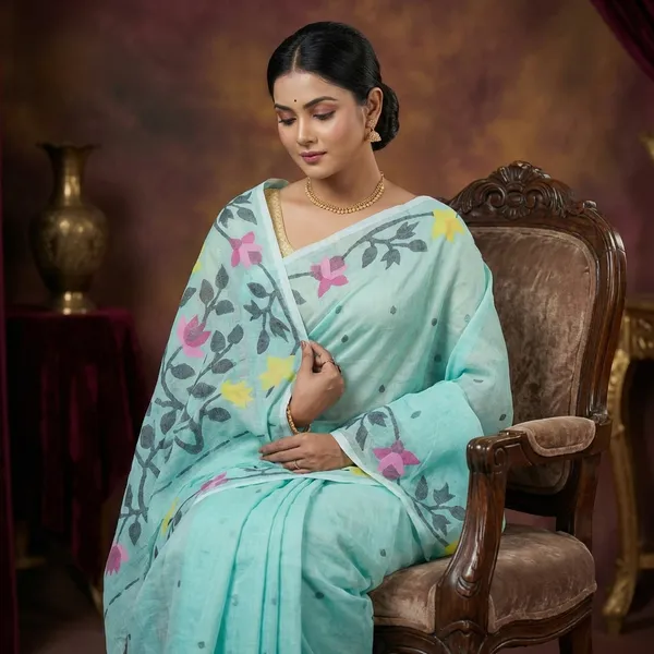 Tilfi_Hand_Woven_Work_Cotton_Dhakai_Jamdani_Saree_In_Light_Turquoise_Black_And_Multicolor_Thread_Work