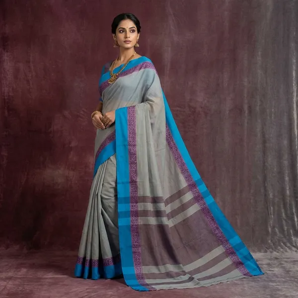 Hand_Woven_Soft_Cotton_Khaddar_Saree_In_Livid_Grey_Lavender_And_Azure_Blue