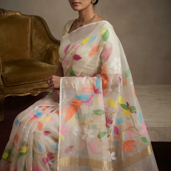 Peacock_And_Floral_Motif_Work_Muslin_Silk_Jamdani_Saree_In_Pearl_White_Golden_And_Multicolor_Thread_Work