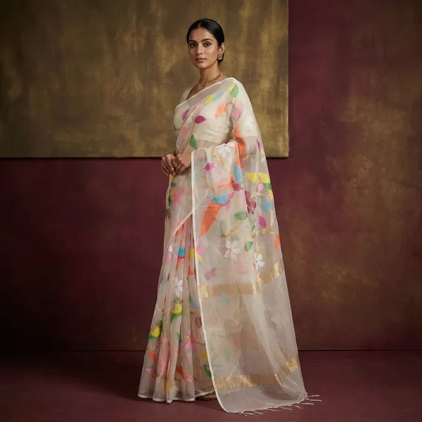 Peacock_And_Floral_Motif_Work_Muslin_Silk_Jamdani_Saree_In_Pearl_White_Golden_And_Multicolor_Thread_Work