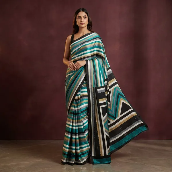 Printed_Soft_Crepe_Silk_Saree_In_Black_Off_White_Gray_Brown_And_Rama_Green