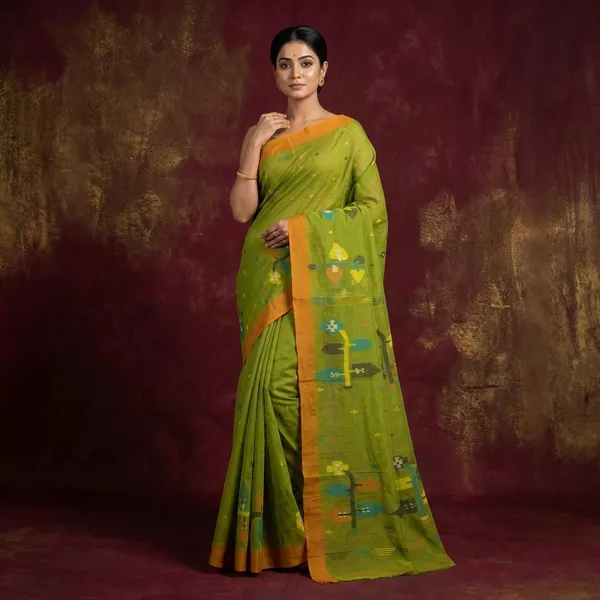 Hand_Woven_Skirt_Nakshi_Work_Cotton_Dhakai_Jamdani_Saree_In_Olive_Green_Golden_Mustard_And_Multicolor