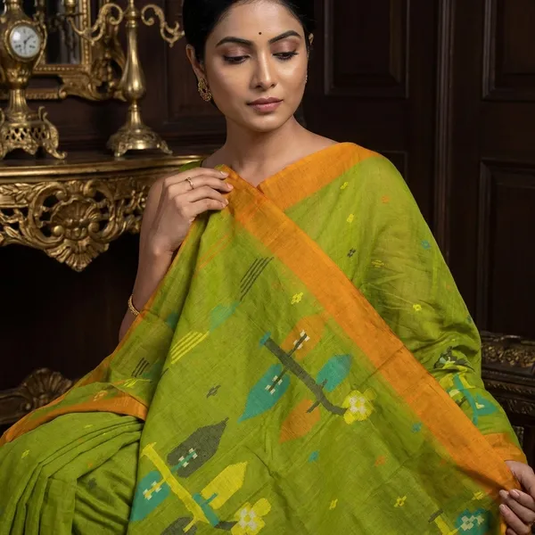 Hand_Woven_Skirt_Nakshi_Work_Cotton_Dhakai_Jamdani_Saree_In_Olive_Green_Golden_Mustard_And_Multicolor