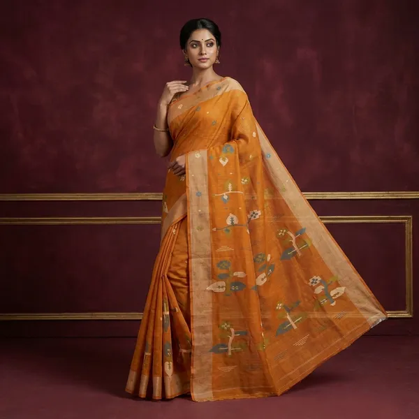 Hand_Woven_Skirt_Nakshi_Work_Cotton_Dhakai_Jamdani_Saree_In_Dark_Amber_And_Multicolor