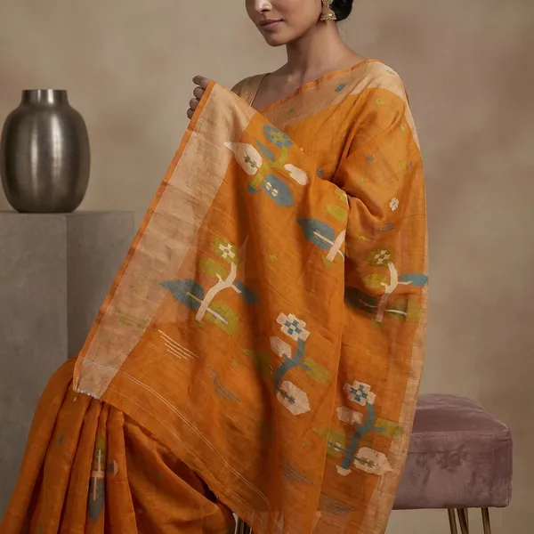 Hand_Woven_Skirt_Nakshi_Work_Cotton_Dhakai_Jamdani_Saree_In_Dark_Amber_And_Multicolor