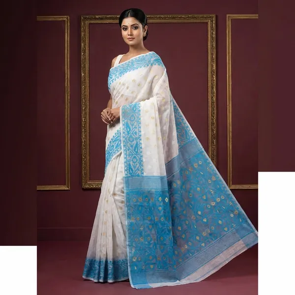 Solapuri_Self_Work_Contrast_Border_Cotton_Muslin_Jamdani_Saree_In_White_Sky_Blue_And_Gold
