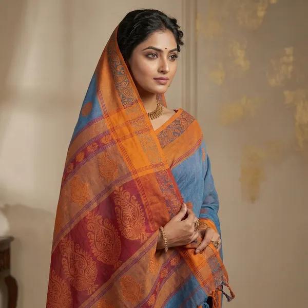 Woven_Matta_Nakshi_Border_Premium_Quality_Bengal_Handloom_Cotton_Saree_In_Denim_Blue_And_Orange
