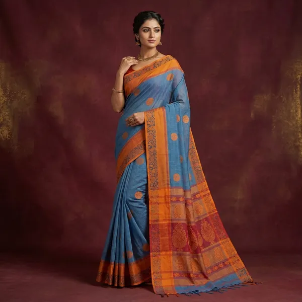 Woven_Matta_Nakshi_Border_Premium_Quality_Bengal_Handloom_Cotton_Saree_In_Denim_Blue_And_Orange