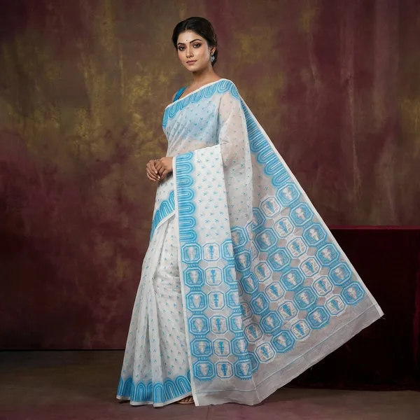 Hand_Woven_Jamdani_Saree_In_Off_White_White_And_Blue