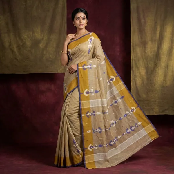 Hand_Work_Cotton_Dhakai_Jamdani_Saree_In_Light_French_Beige_Royal_Blue_And_Off_White