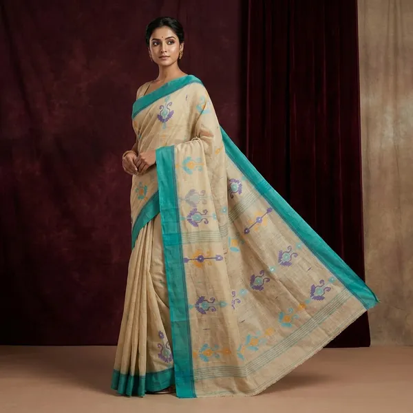 Hand_Work_Cotton_Dhakai_Jamdani_Saree_In_Beige_Sea_Green_Golden_Yellow_And_Deep_Blue