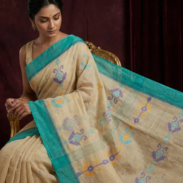 Hand_Work_Cotton_Dhakai_Jamdani_Saree_In_Beige_Sea_Green_Golden_Yellow_And_Deep_Blue