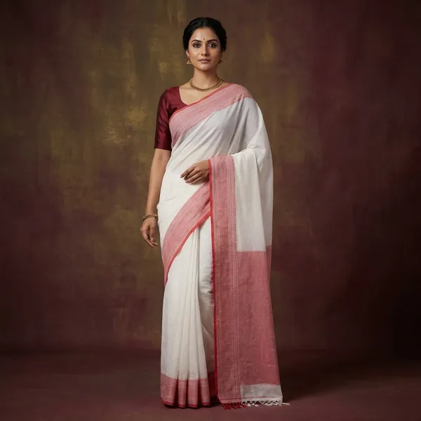 Soft_Cotton_Hand_Woven_Khaddar_Saree_In_Off_White_And_Red
