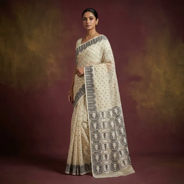 Hand_Woven_Jamdani_Saree_In_Parchment_White_Black_And_Off_White