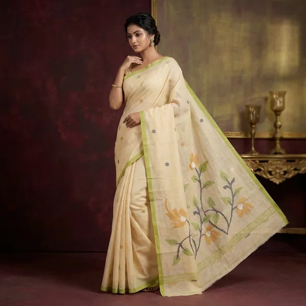 Traditional_Karat_Work_Poth_Jamdani_Saree_In_Parmesan_Mustard_Black_Pea_Soup_Green_And_Off_White