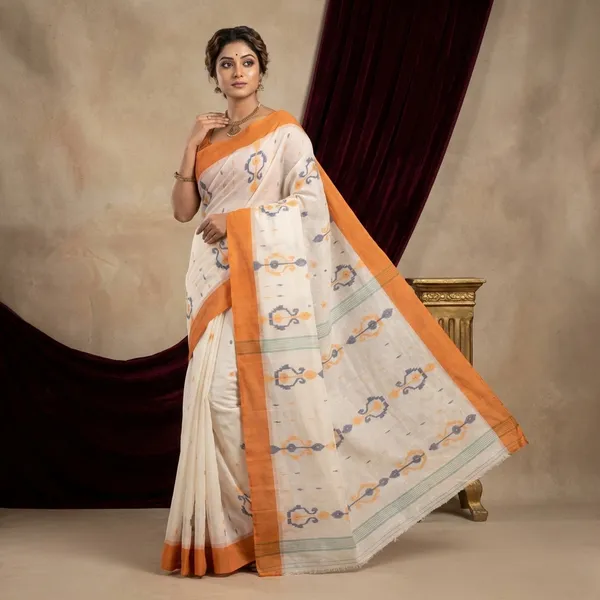 Hand_Work_Cotton_Dhakai_Jamdani_Saree_In_Off_White_Mustard_Golden_And_Navy_Blue