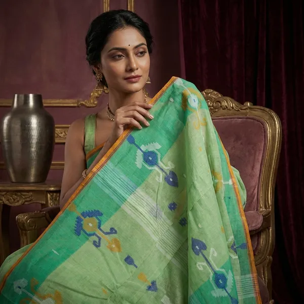 Hand_Work_Cotton_Dhakai_Jamdani_Saree_In_Paste_Green_And_Multicolor