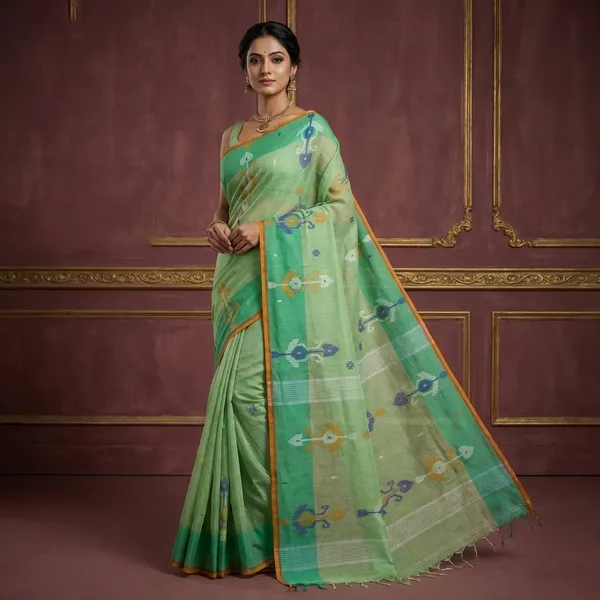 Hand_Work_Cotton_Dhakai_Jamdani_Saree_In_Paste_Green_And_Multicolor