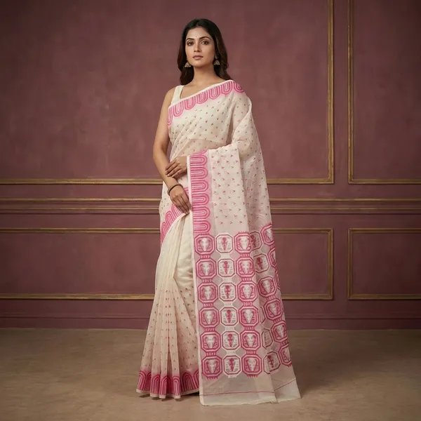 Hand_Woven_Jamdani_Saree_In_Off_White_White_And_Magenta