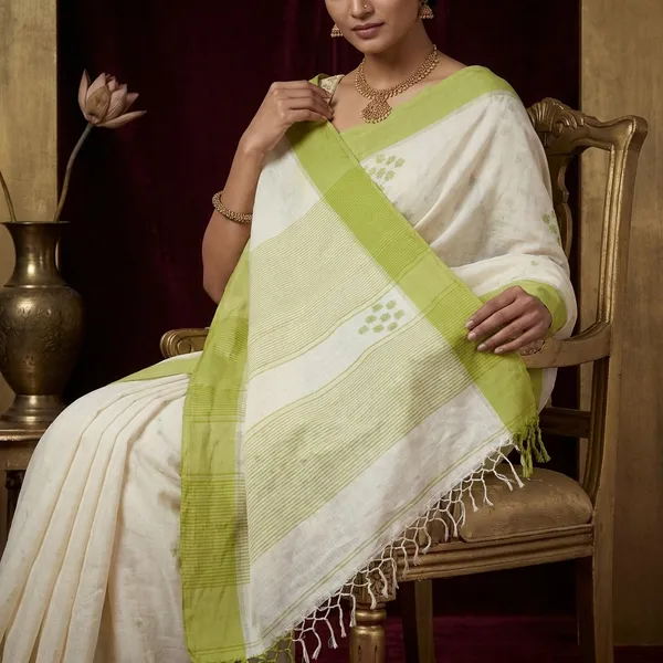 Hand_Woven_Premium_Slim_Border_Soft_Cotton_Saree_In_Pearl_White_And_Olive_Green