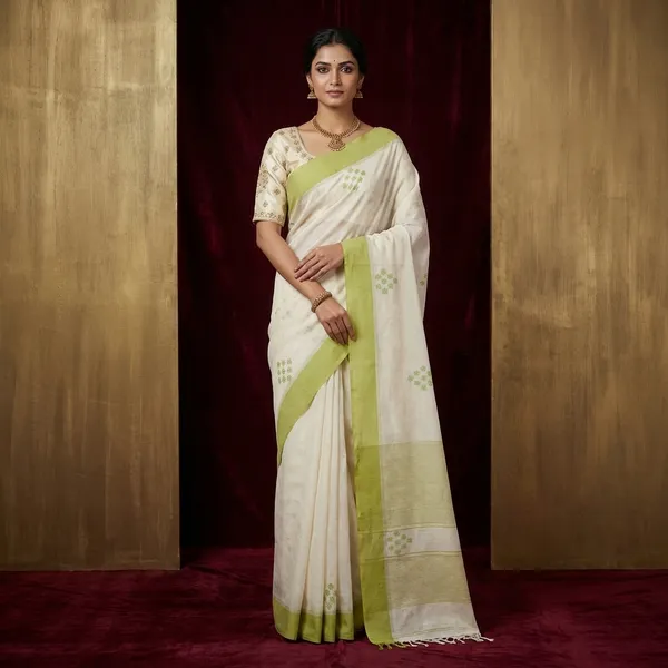 Hand_Woven_Premium_Slim_Border_Soft_Cotton_Saree_In_Pearl_White_And_Olive_Green