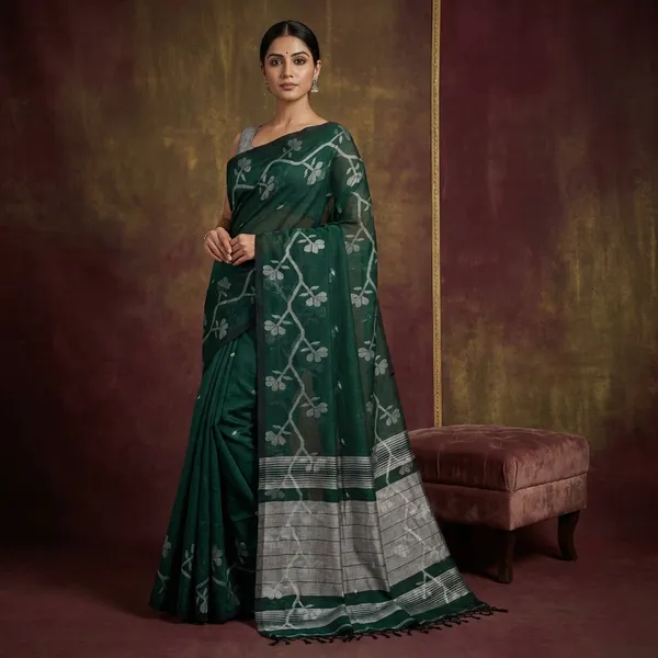 Karat_Nakshi_Work_Soft_Cotton_Jamdani_Saree_In_Phthalo_Green_And_Steel_Grey